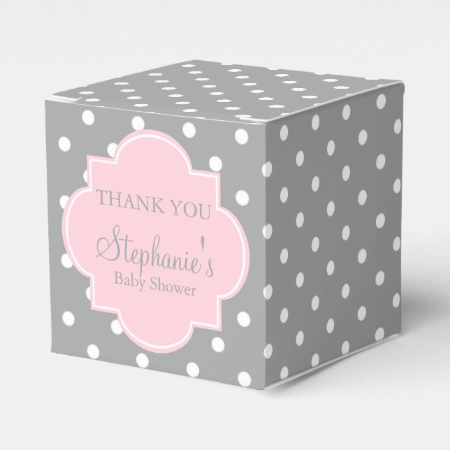 Grey, White and Pastel Pink Polka Dot Baby Shower Favor Boxes (Front Side)