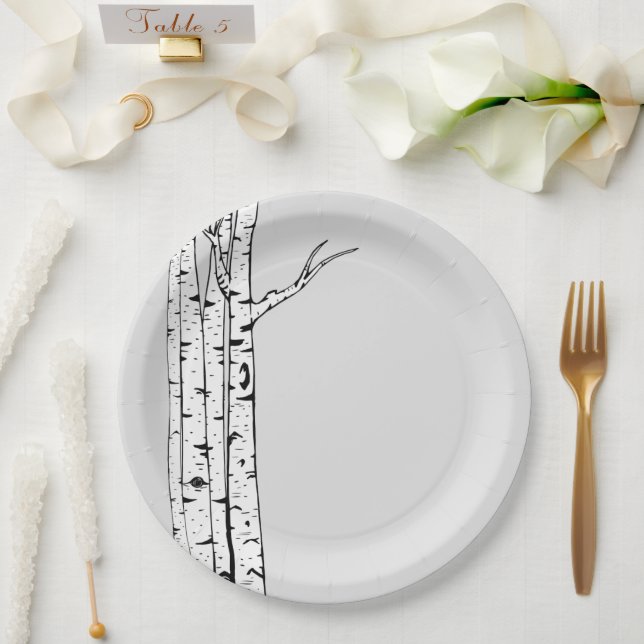 Grey White Birch Trees Paper Plates (Wedding)