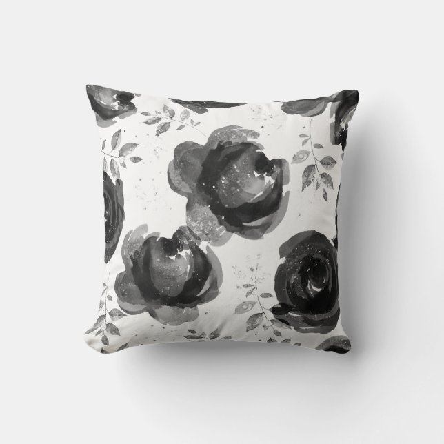 Grey White Black Classy Floral Rose Dress Throw Pillow (Front)