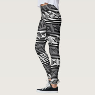 Grey White Black Greek Key Fret Pattern Design  Leggings