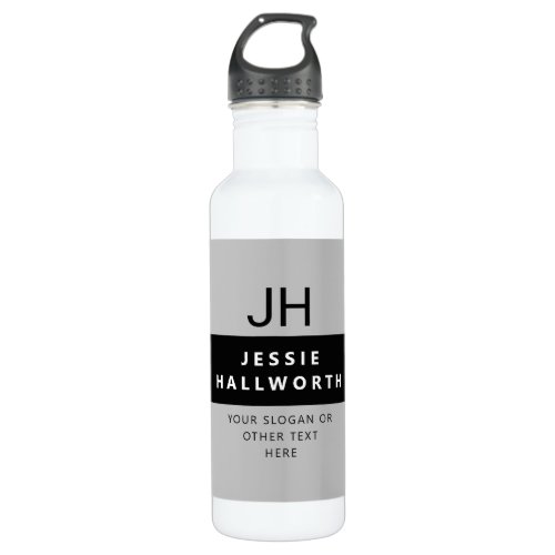 Grey White  Black Stylish Modern Monogram Stainless Steel Water Bottle