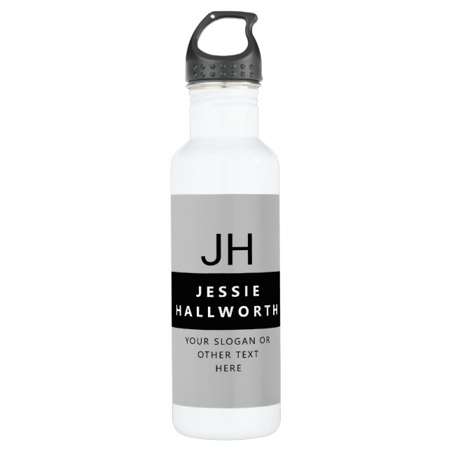 Grey White & Black Stylish Modern Monogram Stainless Steel Water Bottle (Front)