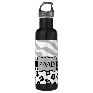 Grey, White & Black Zebra & Cheetah Skin Custom Stainless Steel Water Bottle