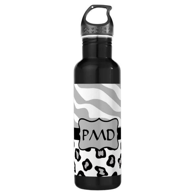 Grey, White & Black Zebra & Cheetah Skin Custom Stainless Steel Water Bottle (Front)