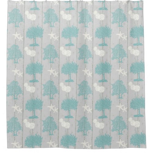 Grey White Blue Beach Cottage Coral Shell Starfish Shower Curtain