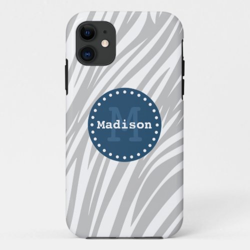 Grey White Blue Zebra Striped Monogram iPhone 11 Case