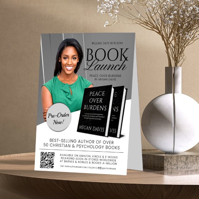 Grey & White Book Launch Release Promotional Table Tent (Creator Uploaded)