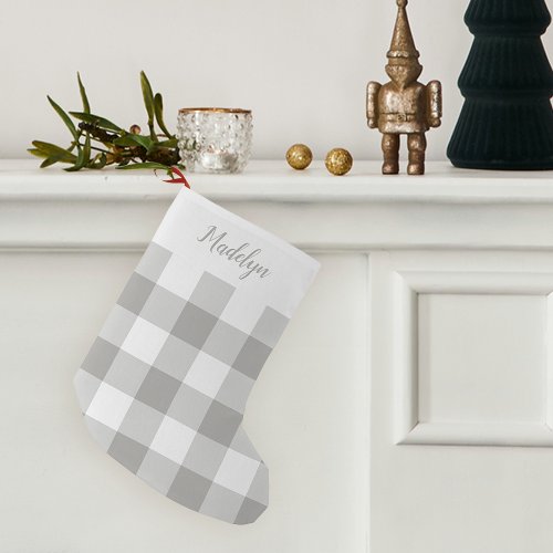 Grey  White Buffalo Plaid Personalized Small Christmas Stocking