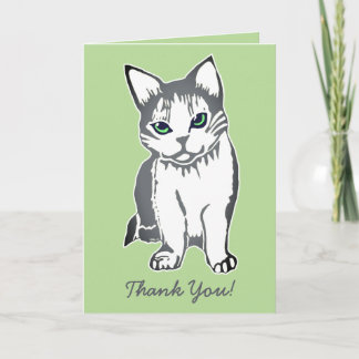 Grey & White Cat Light Green Thank You Card