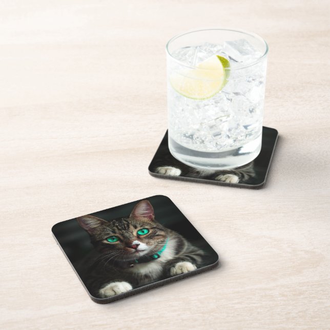 Grey & White Cat with Blue Eyes & Matching Collar Beverage Coaster (Right Side)