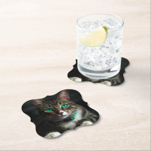 Grey & White Cat with Blue Eyes & Matching Collar Paper Coaster