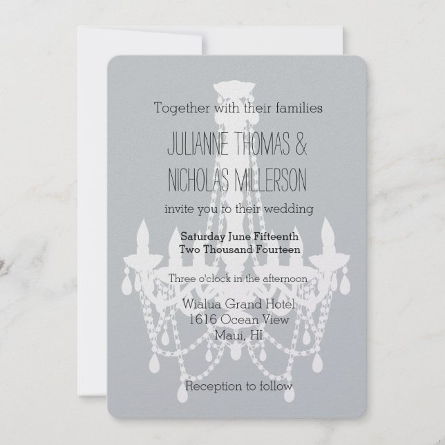 Grey White Chandelier Wedding Invitation (Front)