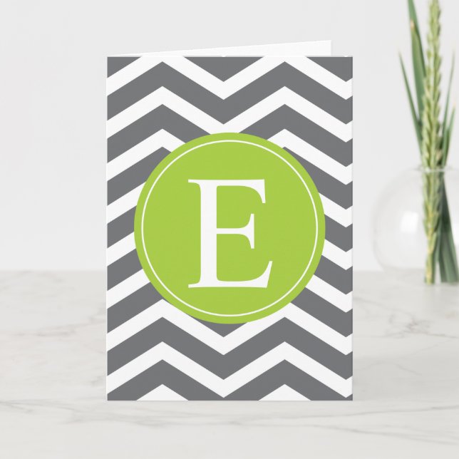 Grey White Chevron Green Monogram Note Card (Front)