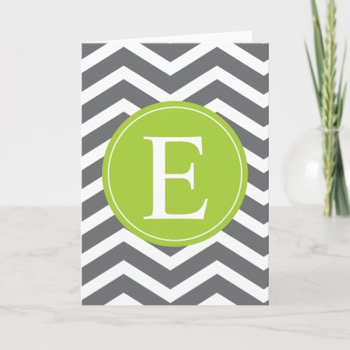 Grey White Chevron Green Monogram Note Card