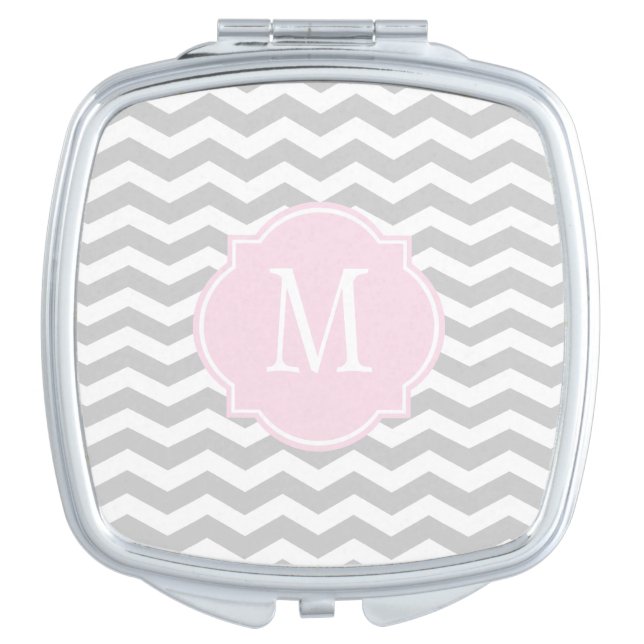 Grey & White Chevron Monogram Mirror For Makeup (Front)