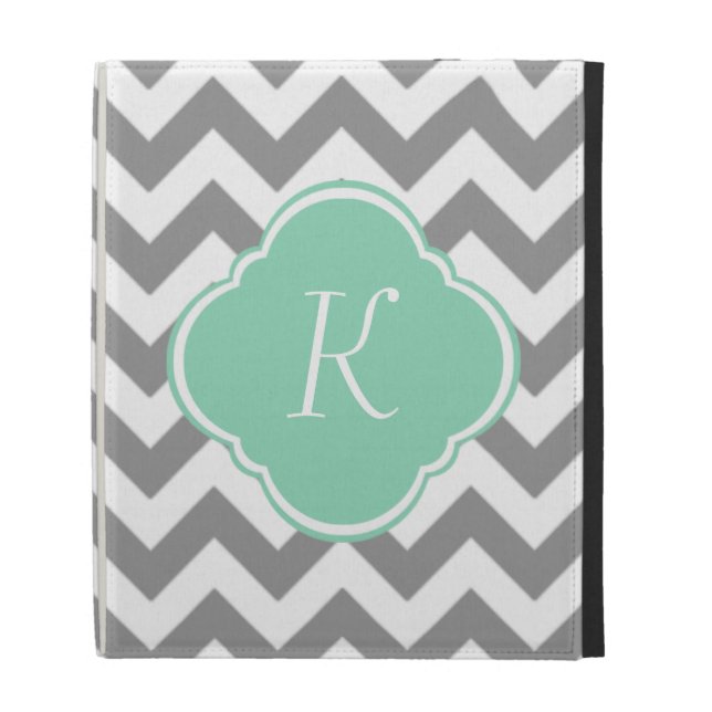 Grey & White Chevron Stripe Custom Monogram iPad Folio Cover (Front)