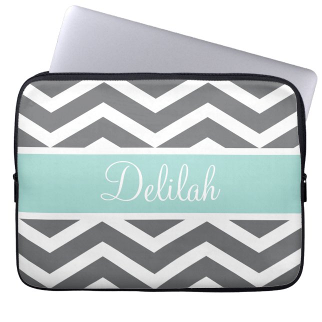 Grey White Chevron Teal Name Laptop Sleeve (Front)