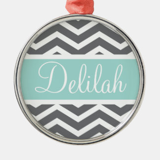Grey White Chevron Teal Name Metal Ornament