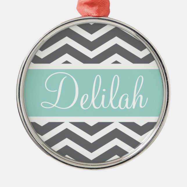 Grey White Chevron Teal Name Metal Ornament (Front)