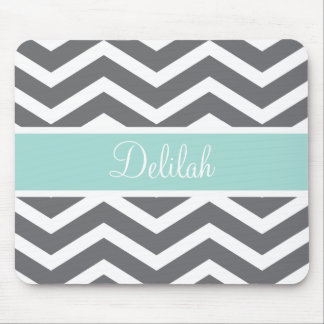 Grey White Chevron Teal Name Mouse Pad