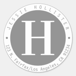 Grey & White Circle Frame Monogram Return Address Classic Round Sticker