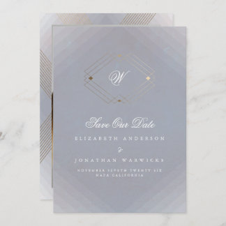 grey white classic deco gold monogram photo save the date