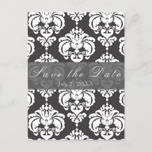 Grey  White Damask Chic Wedding Save the Date Announcement Postcard