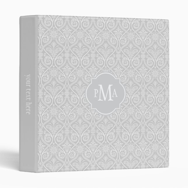 Grey & White Damask Pattern Monogram 3 Ring Binder (Front/Spine)