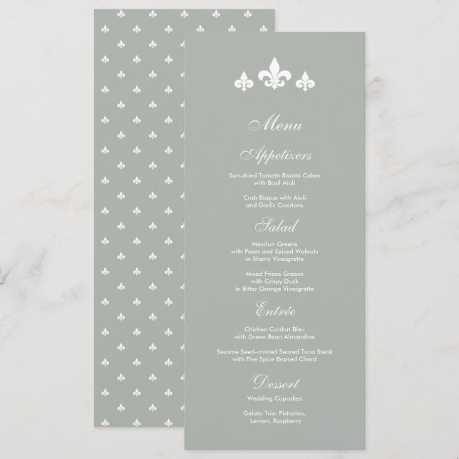 Grey | White Fleur-de-lis Wedding  Menu Cards (Front/Back)