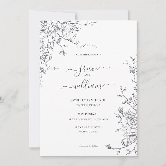 Grey White Floral Calligraphy Script Wedding Invitation (Front)