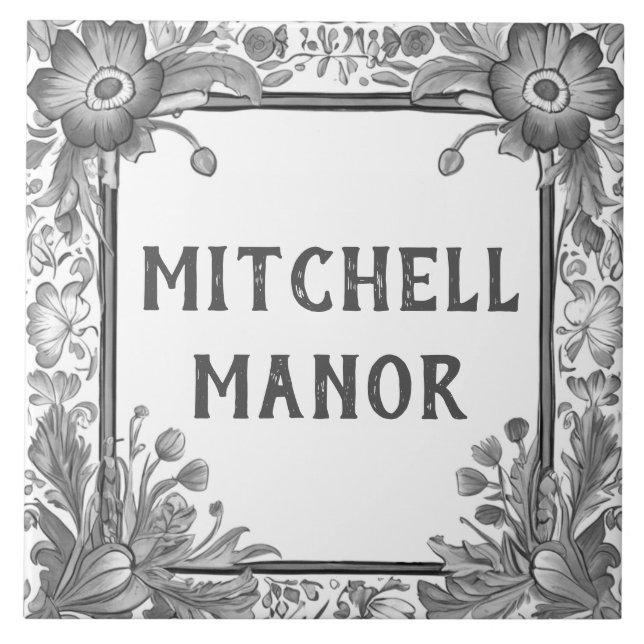 Grey & White Floral Custom House Name Plate Sign Ceramic Tile (Front)