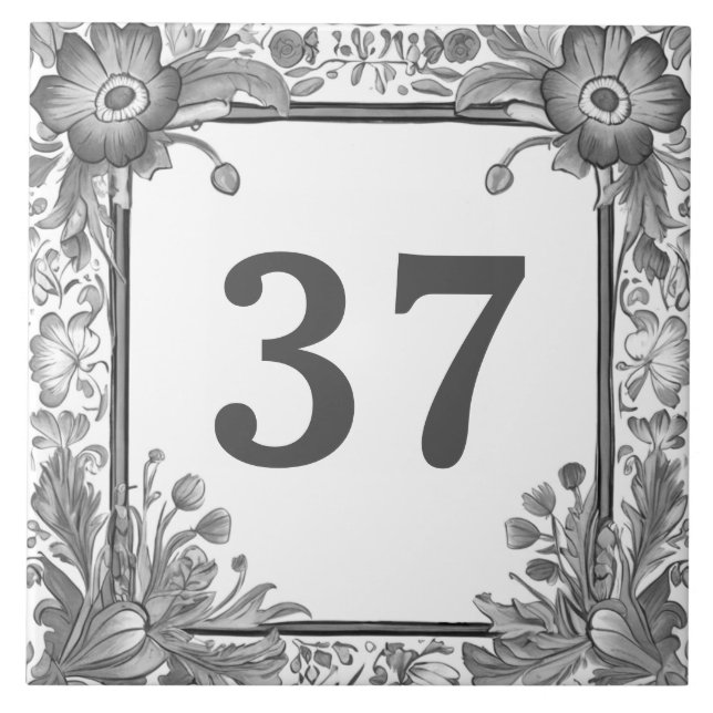 Grey & White Floral Custom House Number Sign Plate Ceramic Tile (Front)