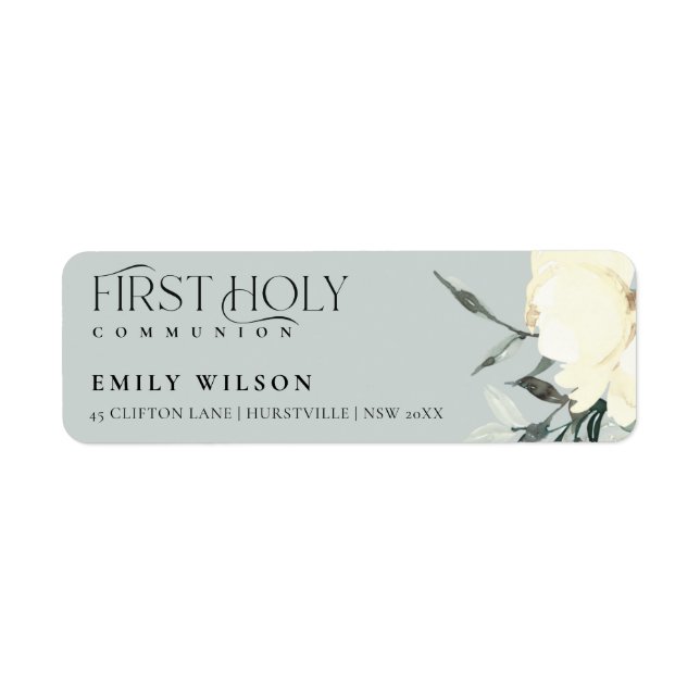 GREY WHITE FLORAL FIRST HOLY COMMUNION ADDRESS LABEL (Front)