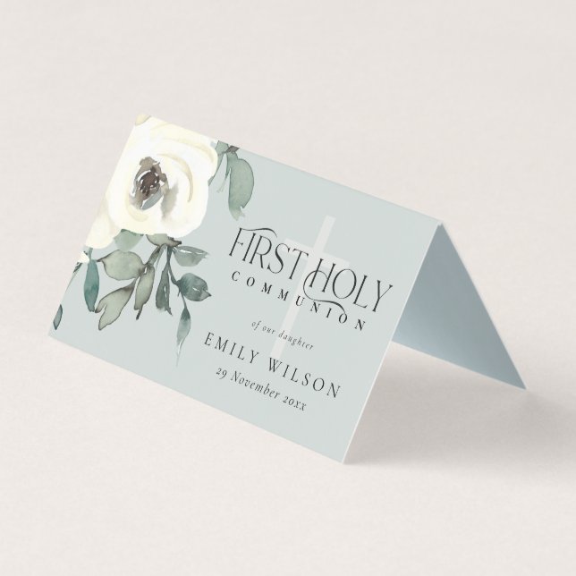 GREY WHITE FLORAL FIRST HOLY COMMUNION PLACE CARD (Back)
