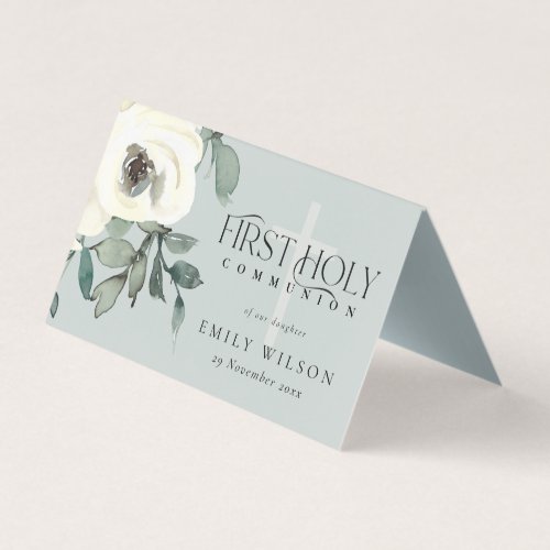 GREY WHITE FLORAL FIRST HOLY COMMUNION PLACE CARD