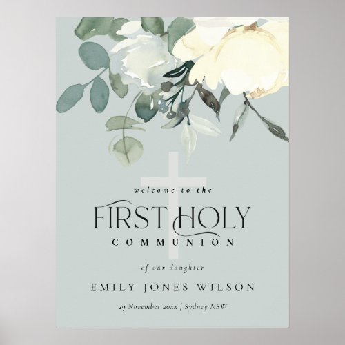 GREY WHITE FLORAL FIRST HOLY COMMUNION WELCOME POSTER