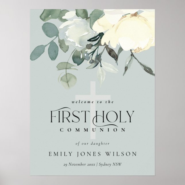 GREY WHITE FLORAL FIRST HOLY COMMUNION WELCOME POSTER (Front)