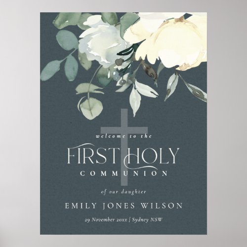 GREY WHITE FLORAL FIRST HOLY COMMUNION WELCOME POSTER