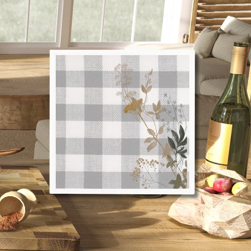 Grey White Floral Gingham Plaid Country Farmhouse Napkins