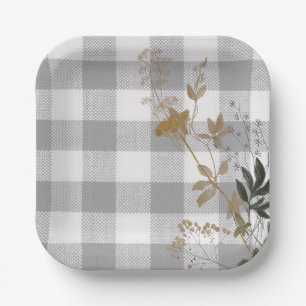 Grey White Floral Gingham Plaid Country Farmhouse Paper Plates