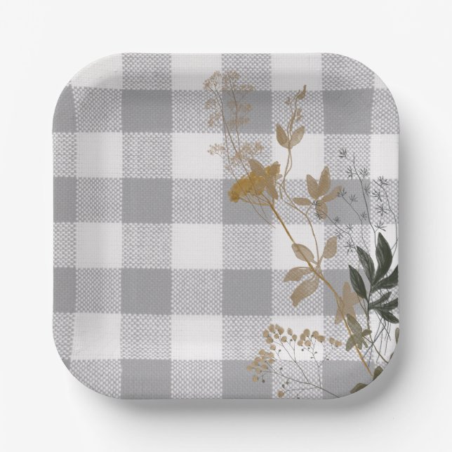Grey White Floral Gingham Plaid Country Farmhouse Paper Plates (Front)