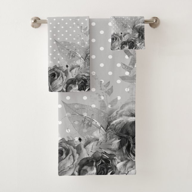 GREY WHITE FLORAL SPOT BATHROOM TOWEL SET (Insitu)