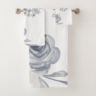 Grey White Floral Watercolor Bath Towel Set