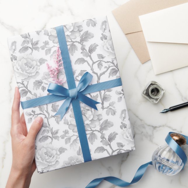 Grey White Floral Wedding Wrapping Paper (Gifting)