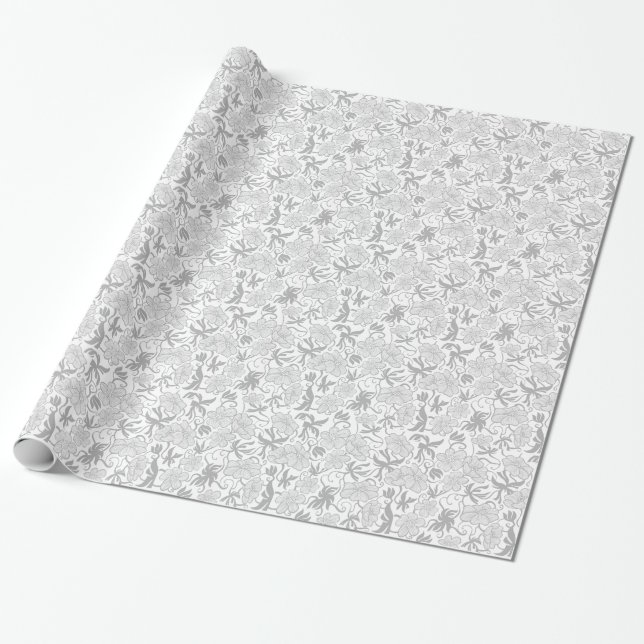 Grey & White Flower Pattern Wrapping Paper (Unrolled)