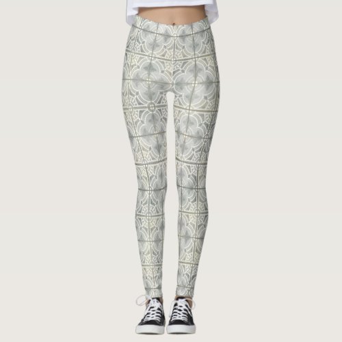 Grey White Geometric French Vintage Fleur de Lis Leggings