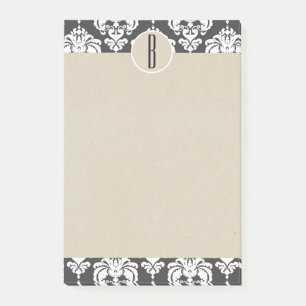 Grey White Glam Damask Kraft Monogram Initial Post-it Notes