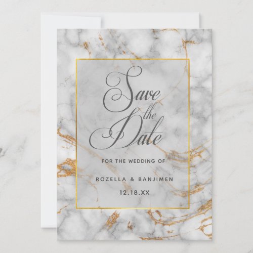 Grey White  Gold Agate Marble With Modern Script Save The Date