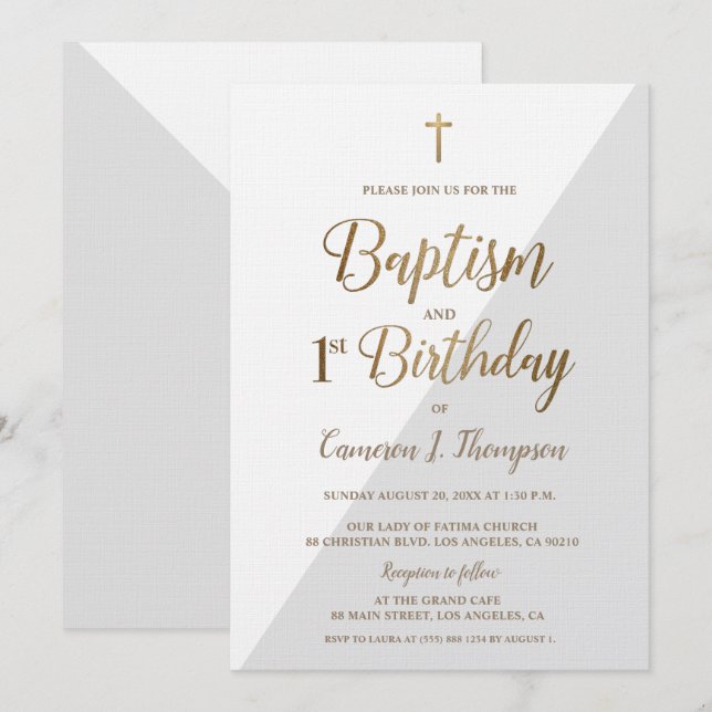 Grey White Gold Cross Baptism 1st Birthday Invitation (Front/Back)