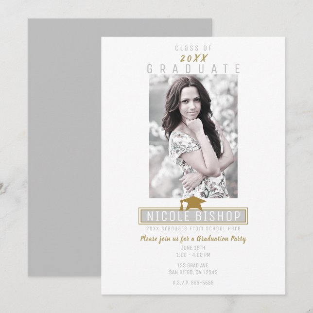 Grey White & Gold Modern Photo Graduation Party Invitation (Front/Back)